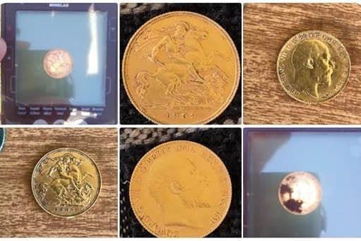 کشف سکه زر ده شلینگی (half sovereign) سال 1909 در باسلتون با استفاده از دستگاه گنج یاب جدید در استرالیا