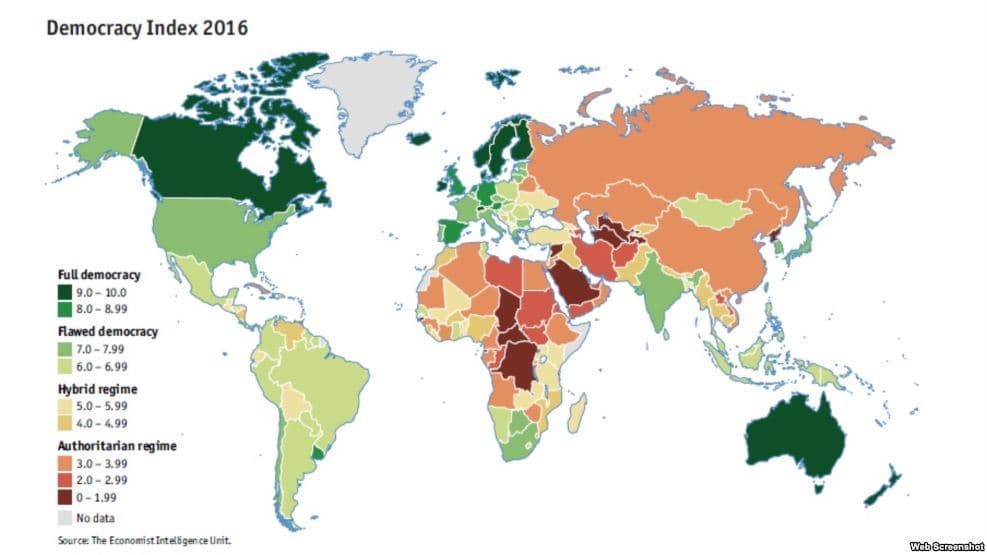 استرالیا در رده دهم ،افغانستان 149و ایران در رتبه 154 وضعیت دمکراسی جهان 2016