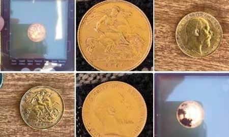 کشف سکه زر ده شلینگی (half sovereign) سال 1909 در باسلتون با استفاده از دستگاه گنج یاب جدید در استرالیا