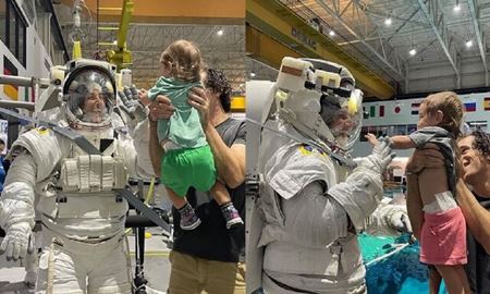 دیدار فضانورد ایرانی‌تبار ناسا با فرزندانش در لباس فضایی
